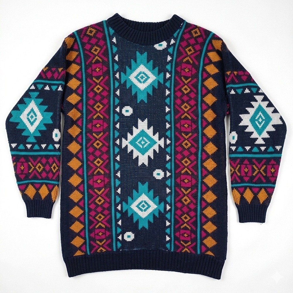 Clifton Place Vintage 90s Southwestern Geometric Knit Sweater Navy‎ Blue XL USA